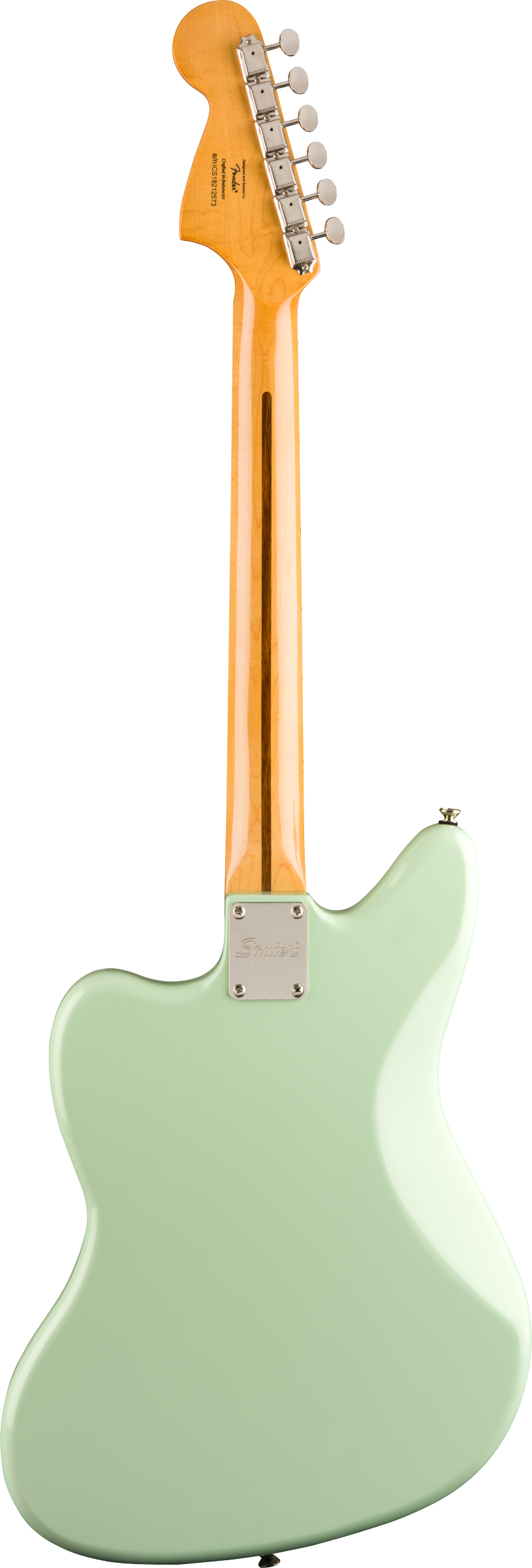 Mint green electric guitar shown from the back, maple neck with six tuning pegs, metal neck plate engraved with “Squier.”