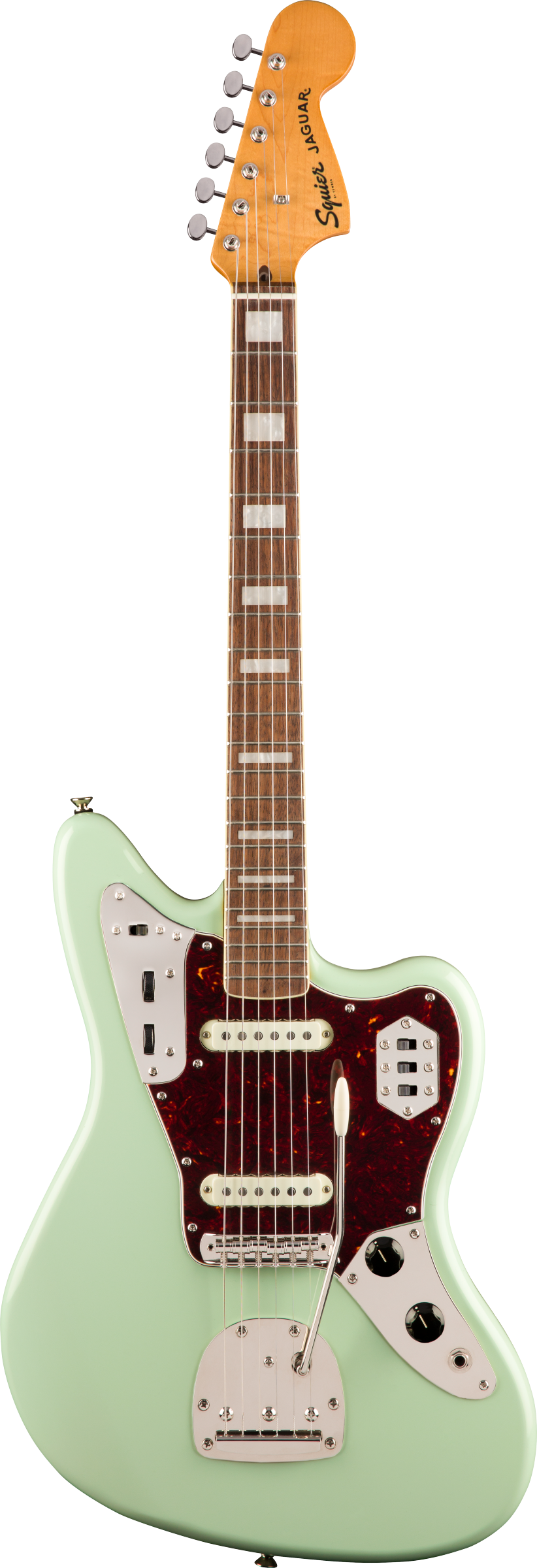 Squier Jaguar electric guitar in light green with a brown pickguard, dual pickups, multiple control switches, and a chrome tremolo arm.