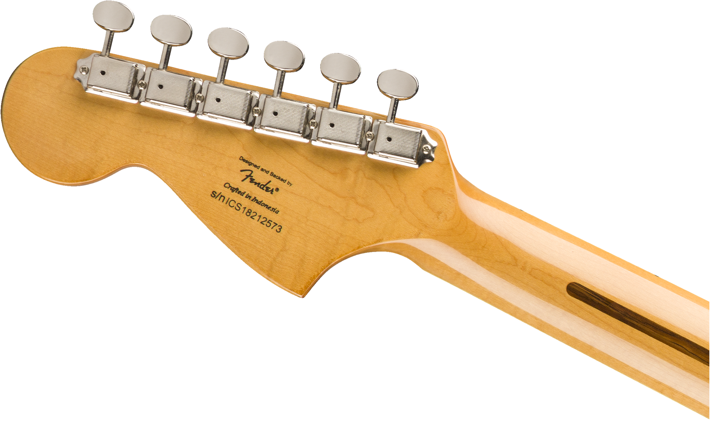 Back of a Fender electric guitar headstock and neck showing six chrome tuning pegs and serial number ICS18212573, crafted in Indonesia.