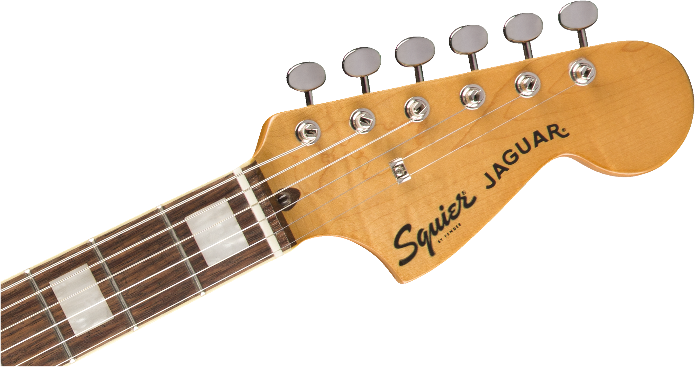 Light wood Squier Jaguar electric guitar headstock with six metal tuning pegs and a rosewood fretboard with large rectangular inlays.