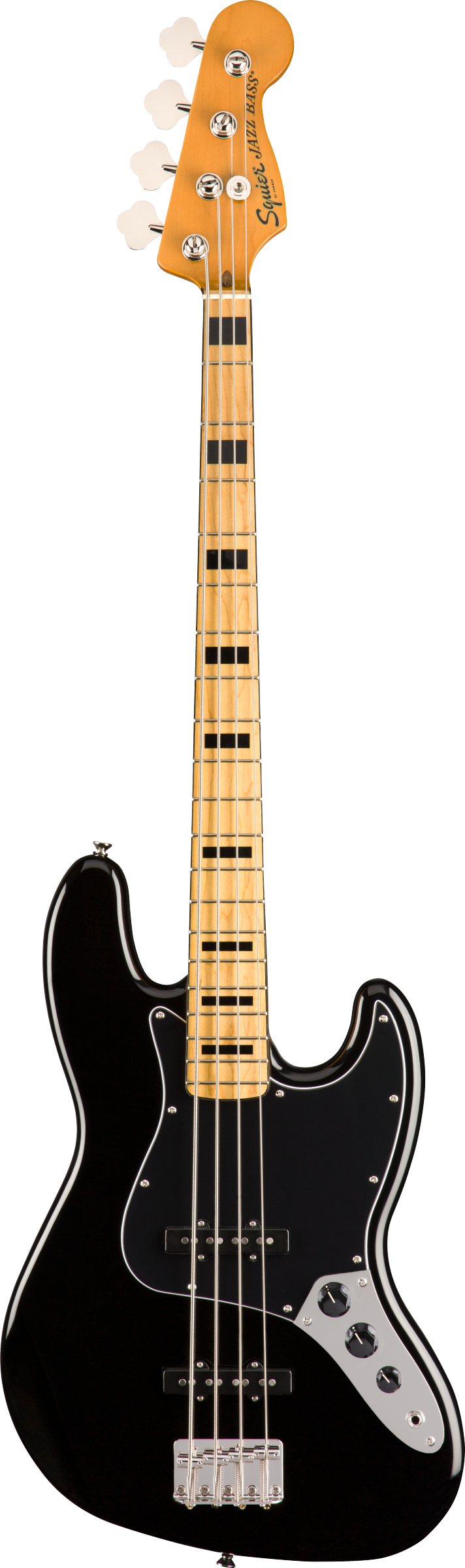 Black Squier Jazz Bass guitar with chrome hardware, four strings, maple neck, and black block inlays on a light fingerboard.