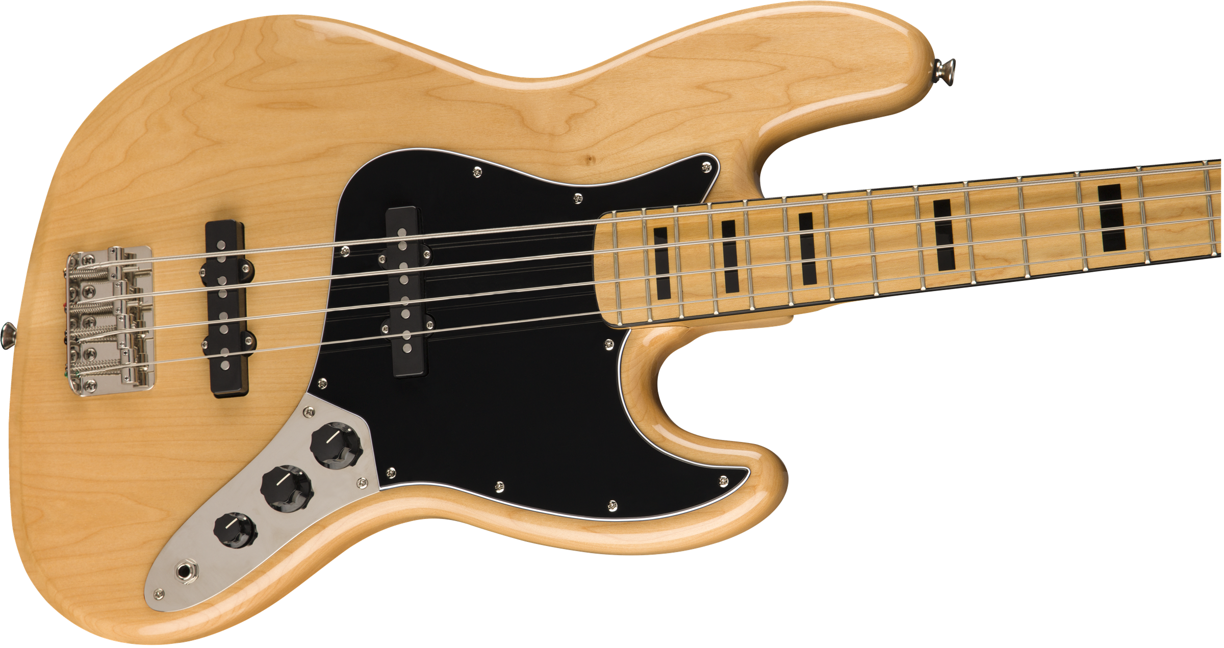 Basse électrique en bois clair, pickguard noir, quatre cordes, trois boutons de réglage et des repères noirs sur la touche du manche.