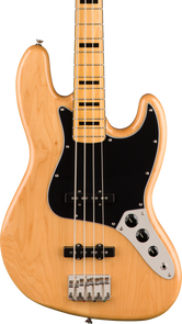 Natural wood electric bass with a black pickguard, four strings, block inlays on the neck, and three control knobs on a chrome plate.