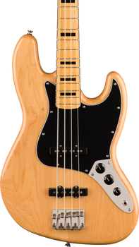 Natural wood electric bass with a black pickguard, four strings, block inlays on the neck, and three control knobs on a chrome plate.