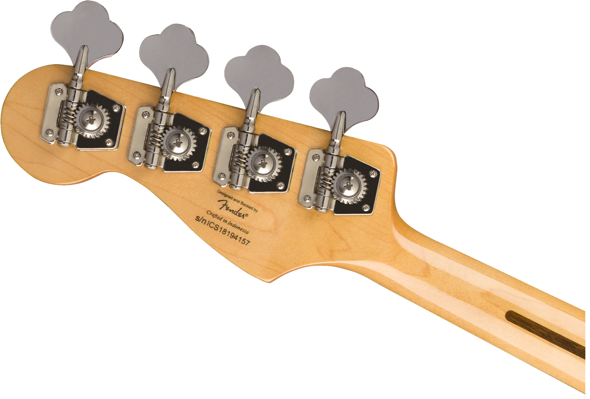 Tête de basse électrique en bois clair avec quatre grandes mécaniques chromées alignées et marquage Fender au dos.