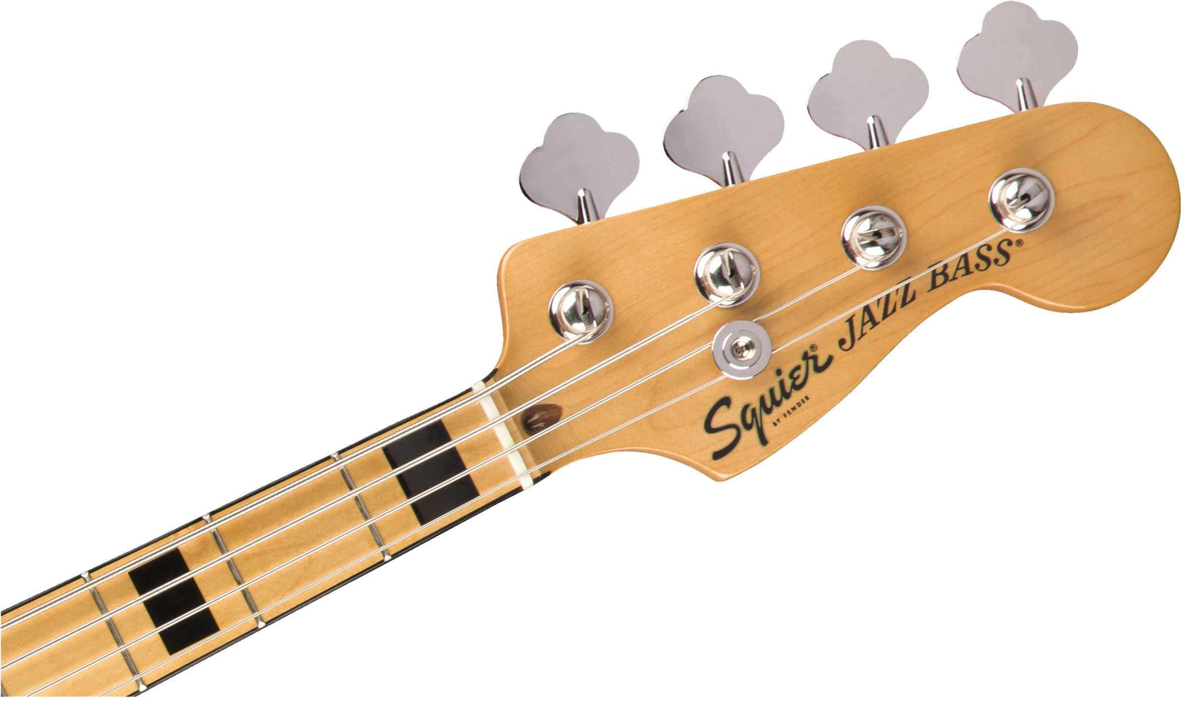 Tête de basse électrique Squier Jazz Bass en bois clair, quatre mécaniques chromées et repères noirs sur la touche.