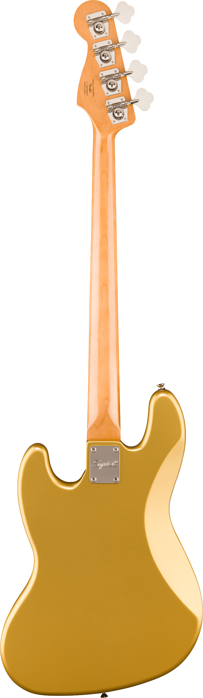 Gold bass guitar viewed from the back, showing a natural wood neck, four metal tuning pegs, and a contoured body with a shiny finish.