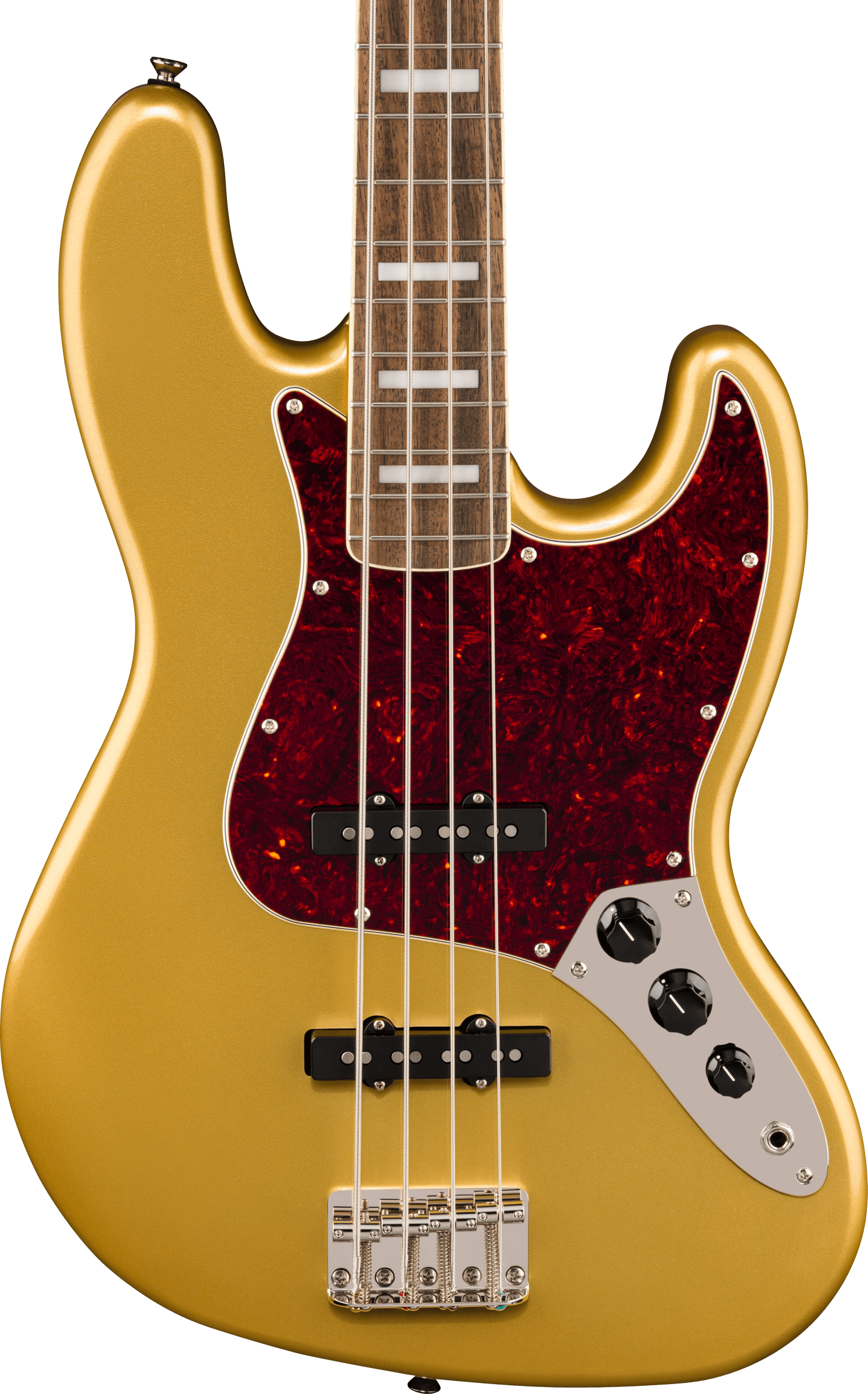 Metallic gold bass guitar body with a dark red tortoiseshell pickguard, four control knobs, and a rosewood fingerboard featuring rectangular inlays.