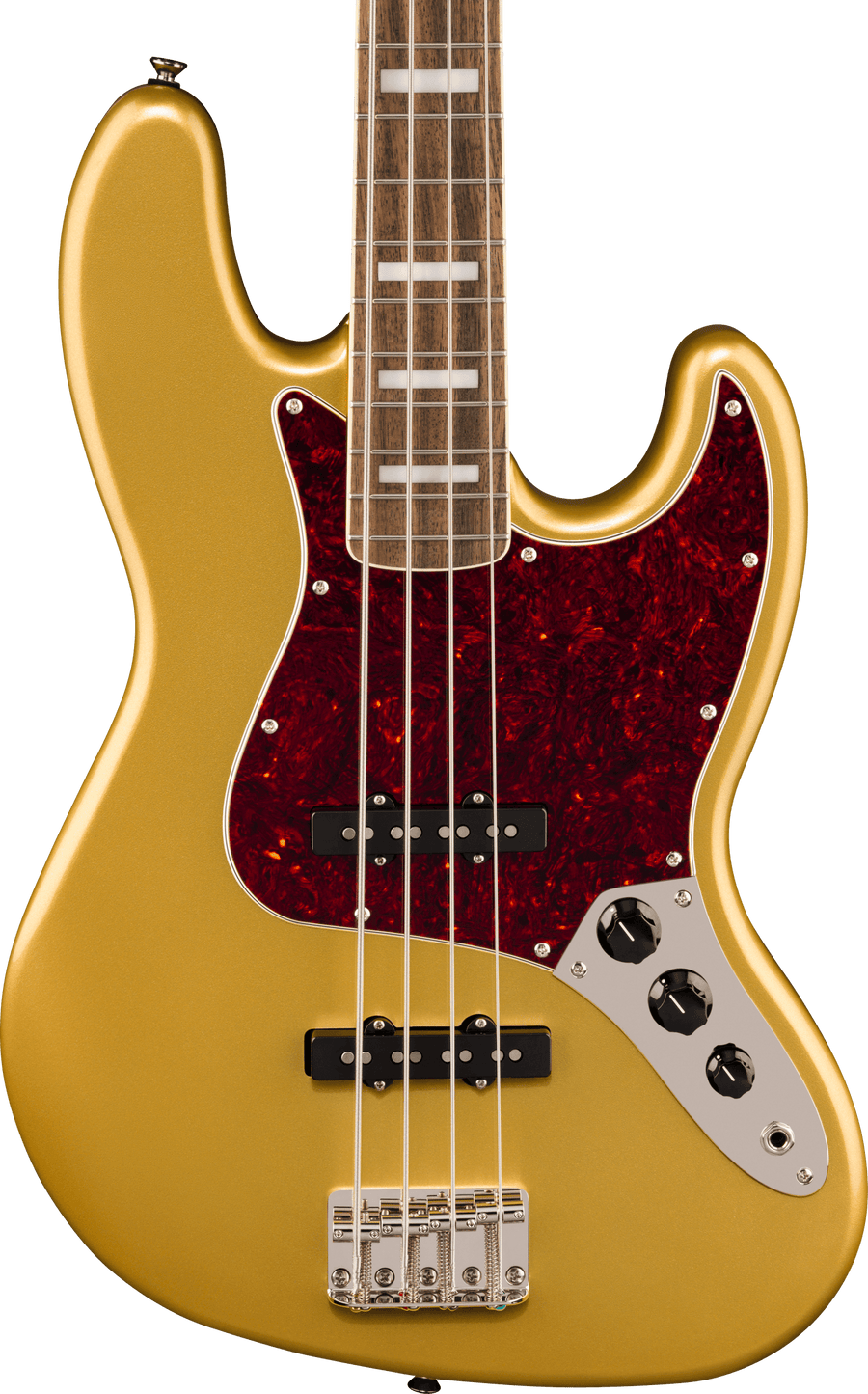 Metallic gold bass guitar body with a dark red tortoiseshell pickguard, four control knobs, and a rosewood fingerboard featuring rectangular inlays.