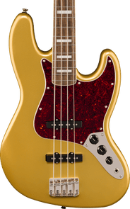 Metallic gold bass guitar body with a dark red tortoiseshell pickguard, four control knobs, and a rosewood fingerboard featuring rectangular inlays.