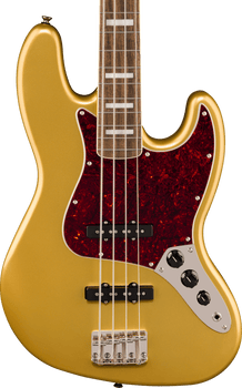 Metallic gold bass guitar body with a dark red tortoiseshell pickguard, four control knobs, and a rosewood fingerboard featuring rectangular inlays.