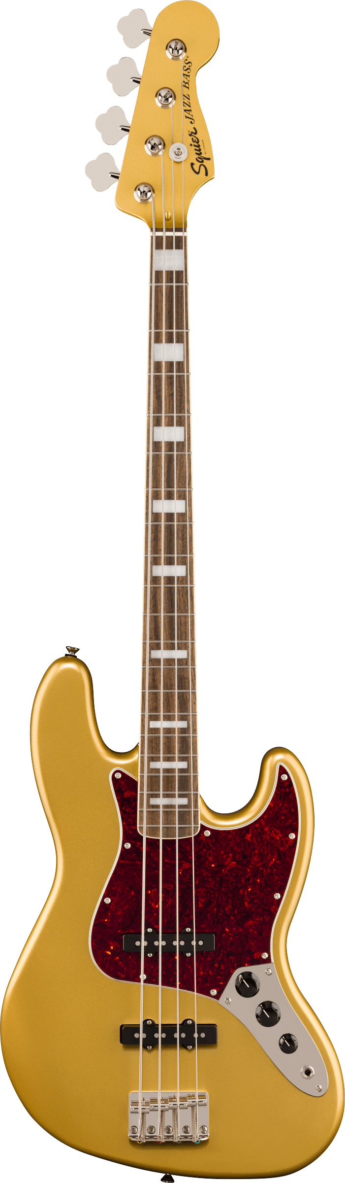 Gold Squier Jazz Bass guitar with four strings, block inlays on a dark fretboard, red pickguard, and chrome tuning pegs and control plate.