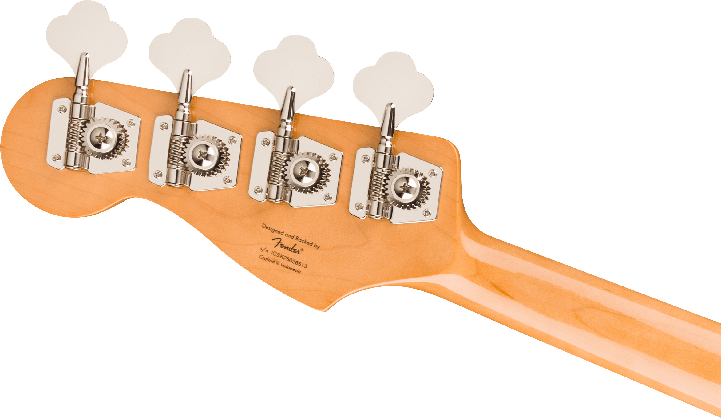 Four chrome tuning pegs and gears on the back of a light wood Fender bass guitar headstock and neck. Text and serial number engraved.