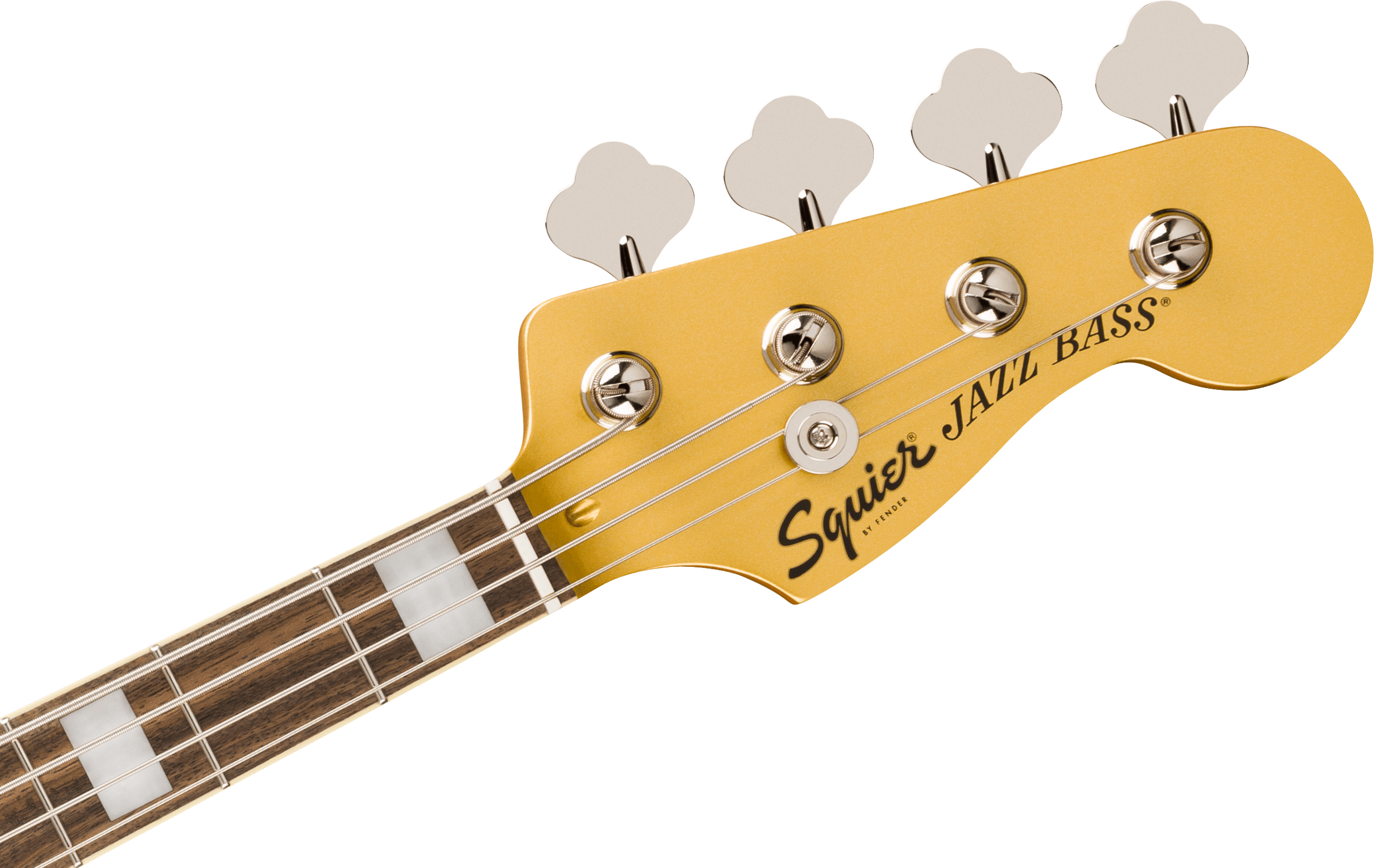 Yellow Squier Jazz Bass guitar headstock with four tuning pegs, silver strings, and block inlays on a dark fingerboard.