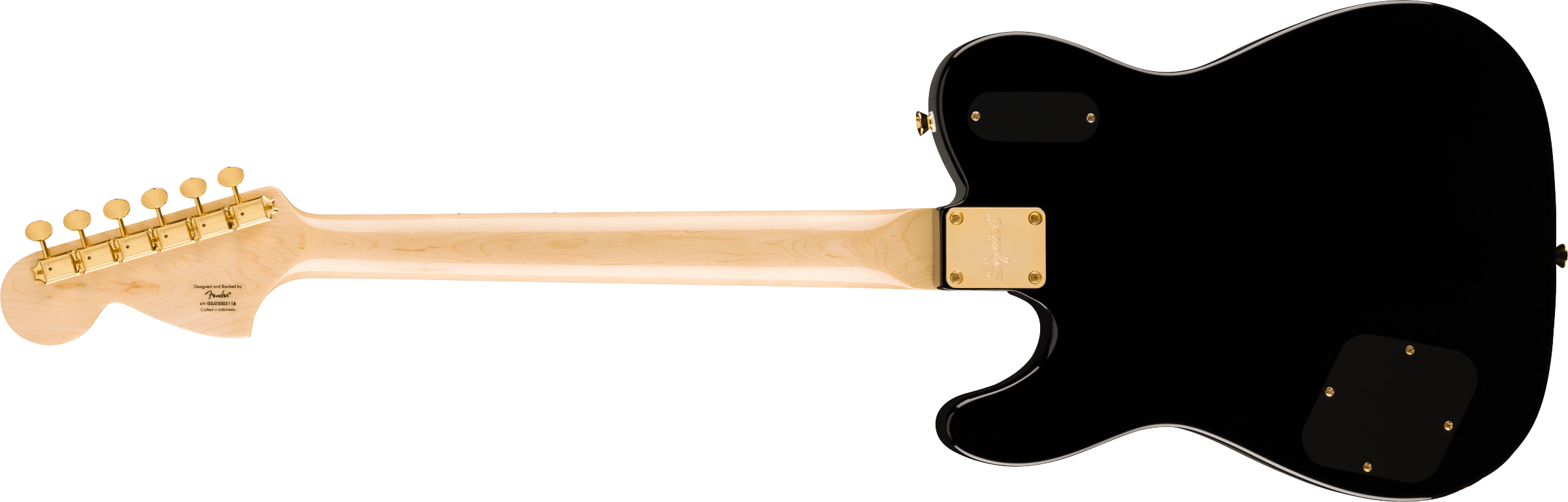 Black-bodied electric guitar shown from the back, light wood neck, gold tuning pegs, and gold neck plate with visible mounting screws.