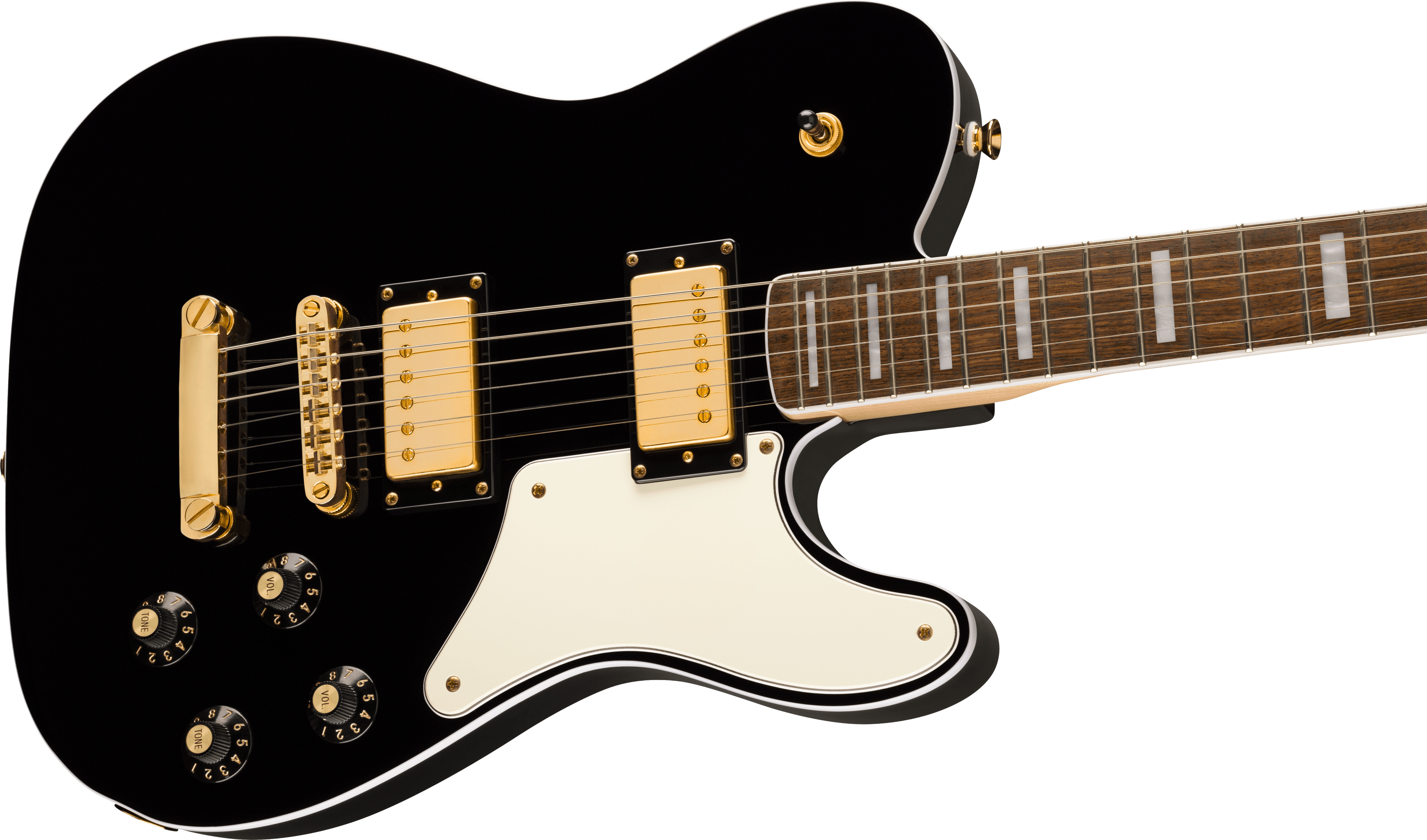Black electric guitar with gold hardware, two humbucker pickups, four black control knobs, white pickguard, and rectangular inlays on the fretboard.