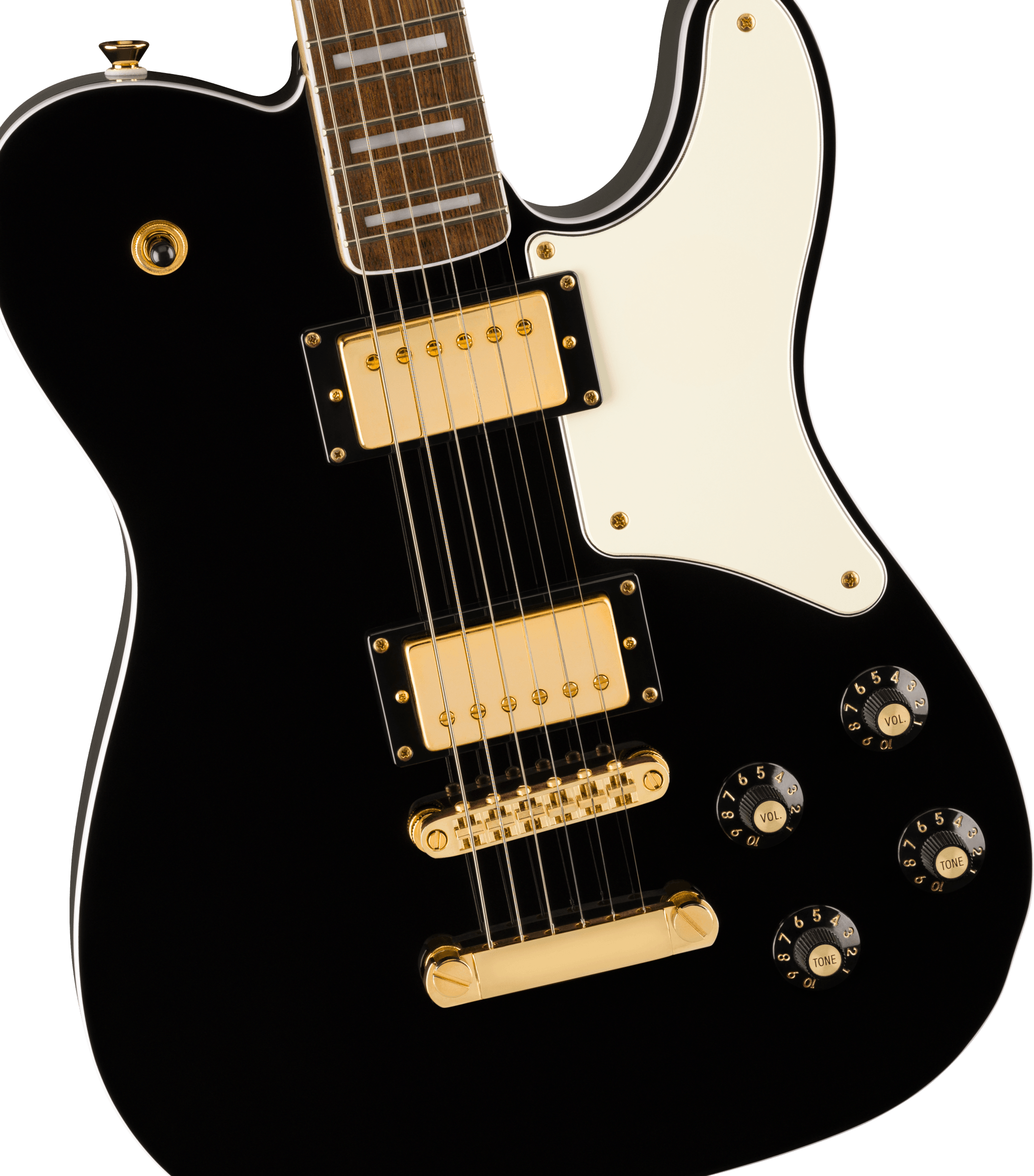 Black electric guitar with gold hardware, two humbucker pickups, four black control knobs, white pickguard, and a rosewood fretboard.
