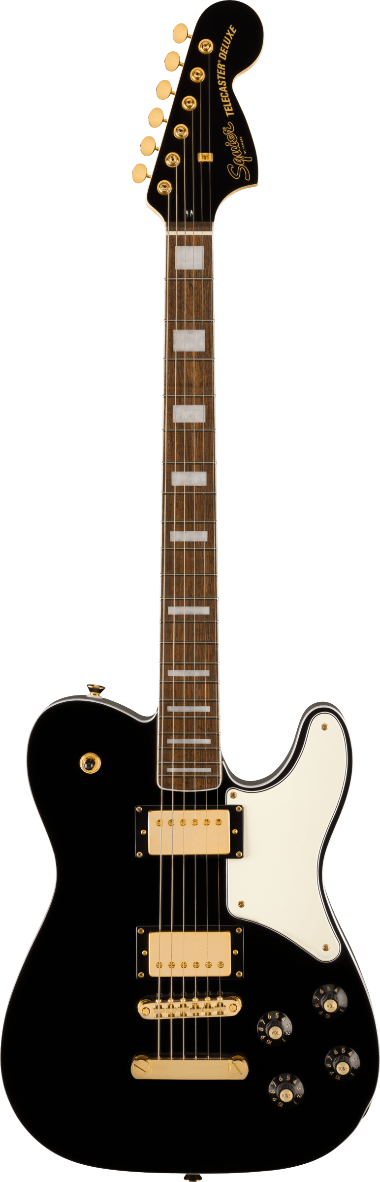 Squier Telecaster Deluxe electric guitar in black with gold hardware, white pickguard, two humbucker pickups, and four black control knobs.