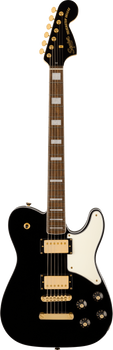 Squier Telecaster Deluxe electric guitar in black with gold hardware, white pickguard, two humbucker pickups, and four black control knobs.