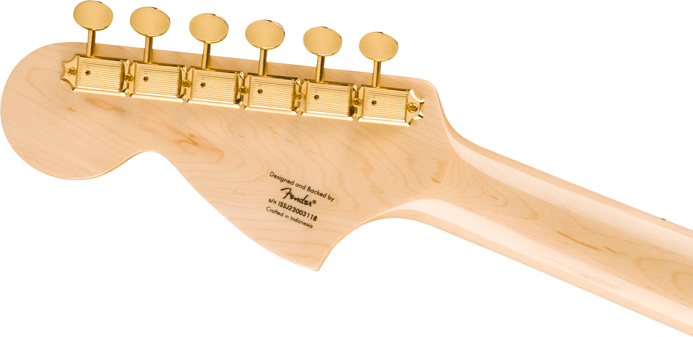 Light wood electric guitar headstock with six gold tuning pegs in a row and Fender branding printed on the back.