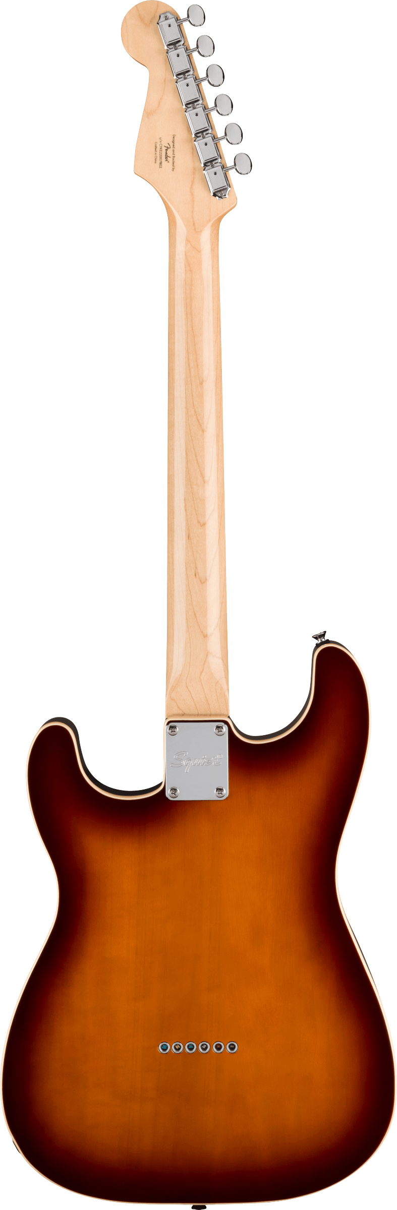 Electric guitar showing the back; sunburst-finish body, light-colored neck, chrome tuning pegs, and six string ferrules visible on the lower body.