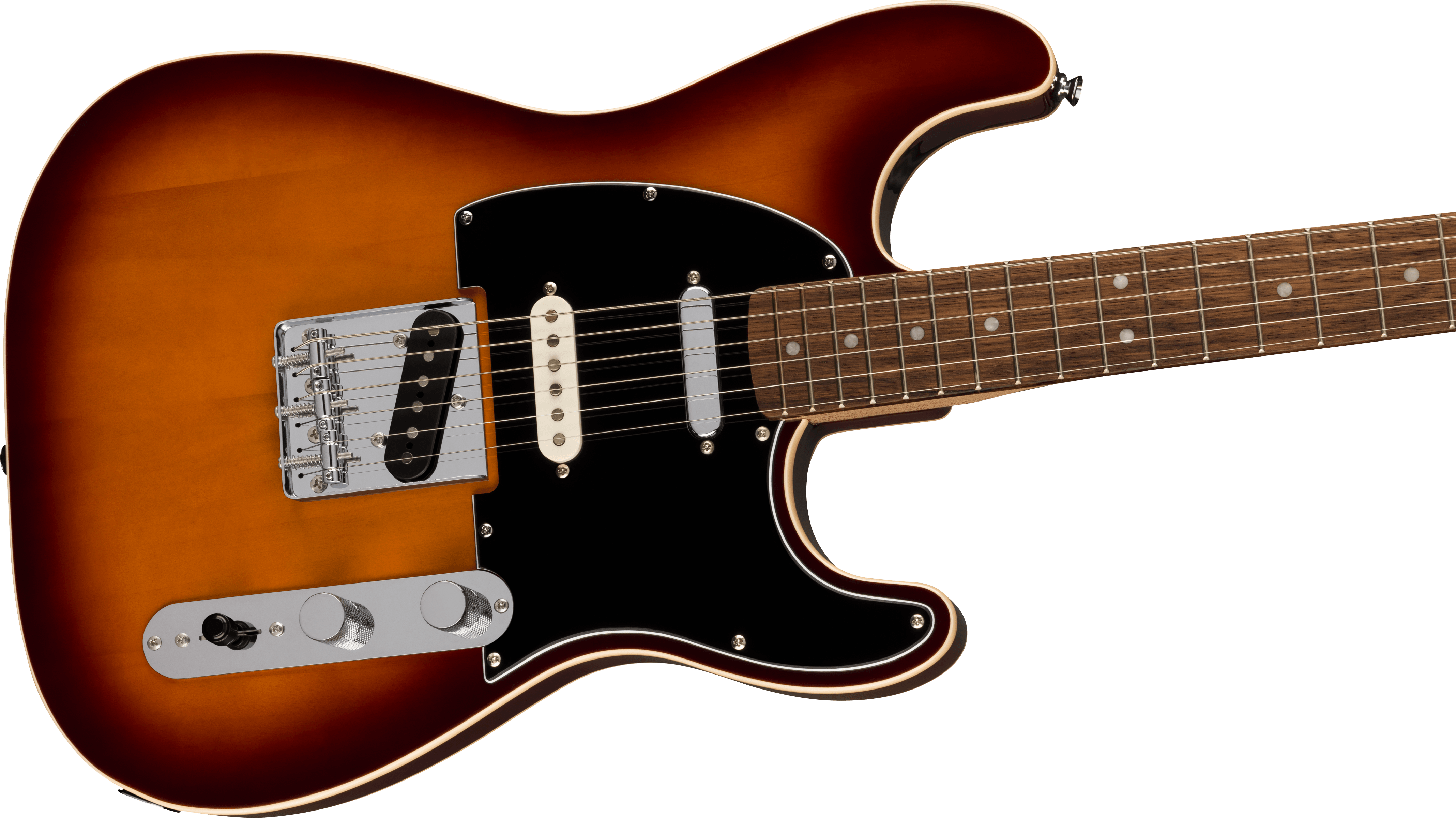 Sunburst electric guitar with a black pickguard, two single-coil pickups, chrome control plate, two knobs, switch, and rosewood fretboard with dot inlays.