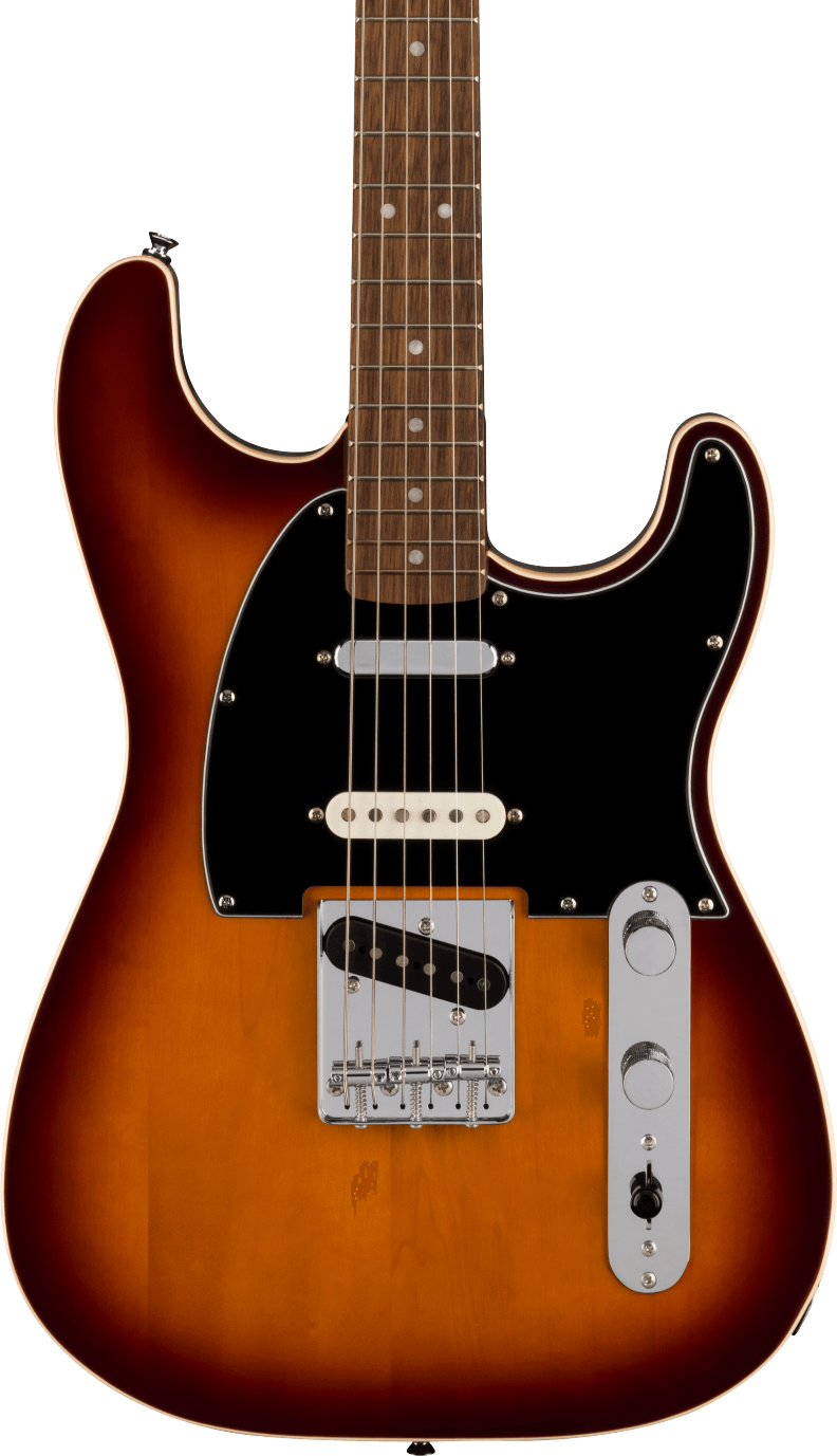 Sunburst electric guitar with a black pickguard, chrome control plate, two pickups, and a rosewood fretboard with dot inlays.