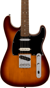 Sunburst electric guitar with a black pickguard, chrome control plate, two pickups, and a rosewood fretboard with dot inlays.