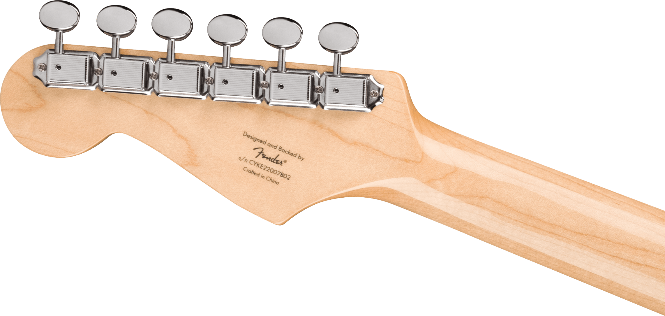 Six chrome tuning pegs line the light maple headstock of a Fender electric guitar, with visible serial number and “Crafted in China” text.