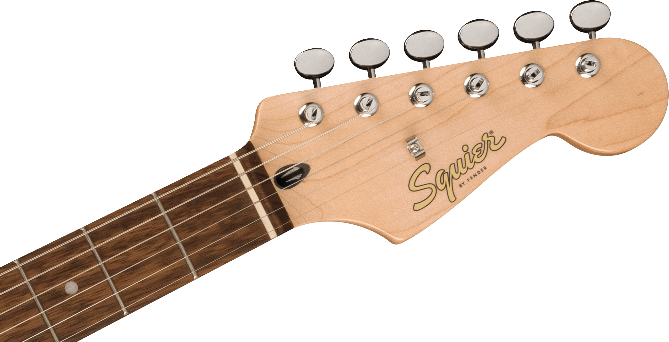 Light wood Squier by Fender electric guitar headstock with six chrome tuning pegs and part of a dark wood fretboard with inlay dots.