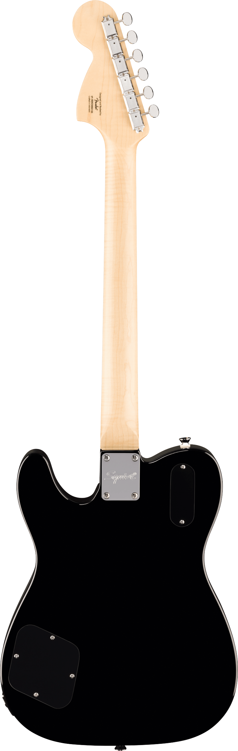 Black-bodied electric guitar seen from the back, with a light wood neck, six tuning pegs, and rear access panels on the body.