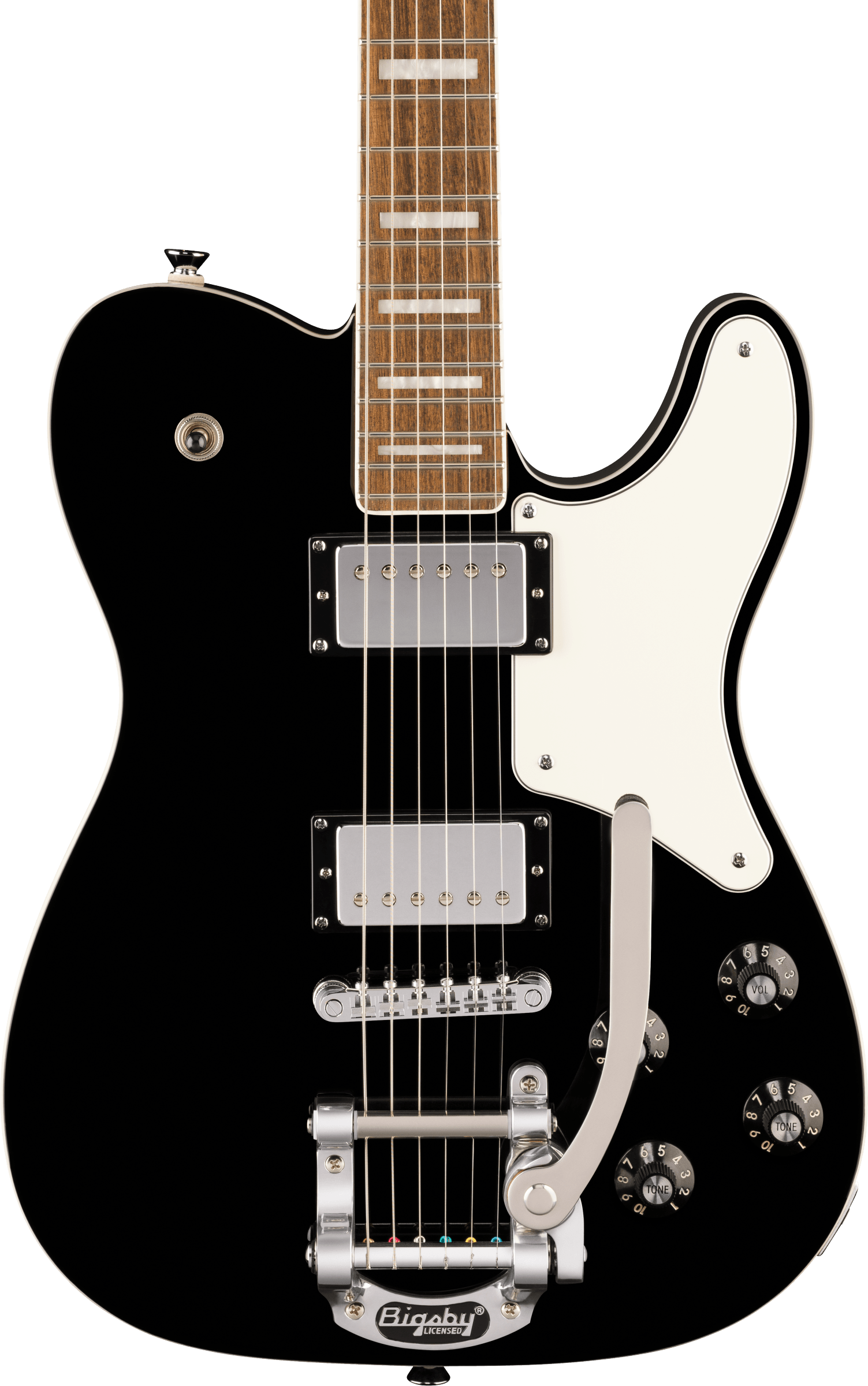 Black electric guitar with chrome hardware, two humbucker pickups, four control knobs, white pickguard, and a silver Bigsby vibrato tailpiece.
