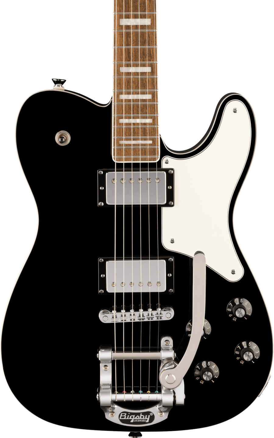Black electric guitar with chrome hardware, two humbucker pickups, four control knobs, white pickguard, and a silver Bigsby vibrato tailpiece.