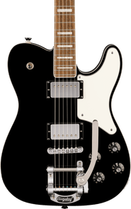 Black electric guitar with chrome hardware, two humbucker pickups, four control knobs, white pickguard, and a silver Bigsby vibrato tailpiece.