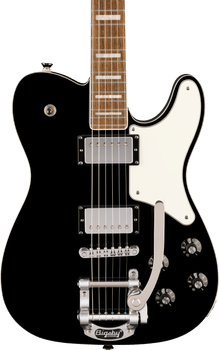 Black electric guitar with chrome hardware, two humbucker pickups, four control knobs, white pickguard, and a silver Bigsby vibrato tailpiece.