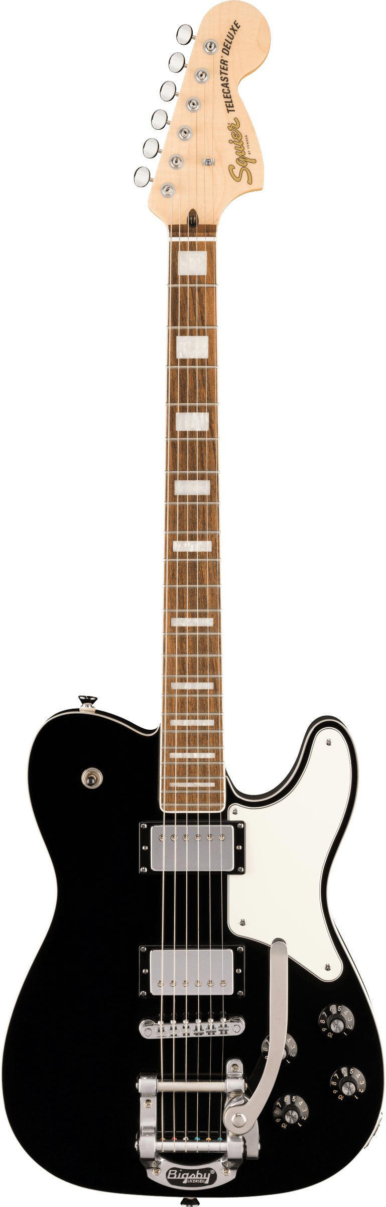 Black Squier Telecaster Deluxe electric guitar with silver hardware, white pickguard, block inlays on the fretboard, and a Bigsby vibrato tailpiece.