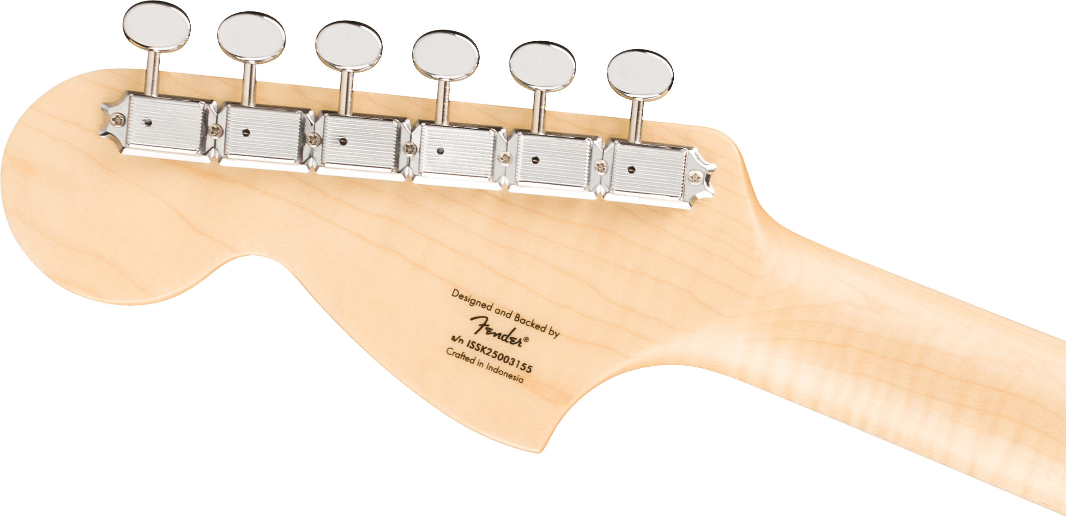 Light wood electric guitar headstock with six chrome tuning pegs, "Fender" branding, and "Crafted in Indonesia" text.