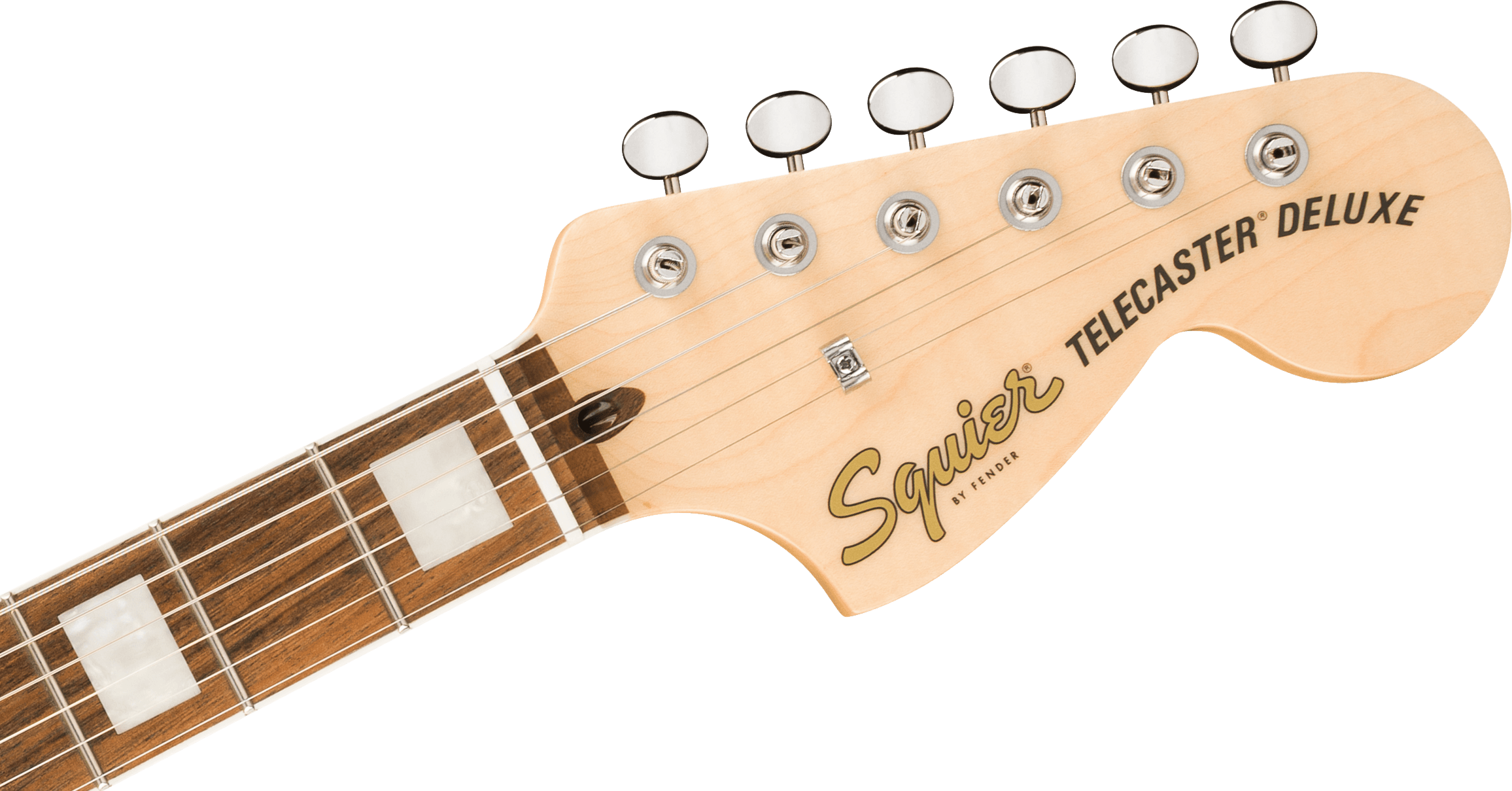 Light wood headstock of a Squier Telecaster Deluxe electric guitar with six tuning pegs and bold logo lettering.