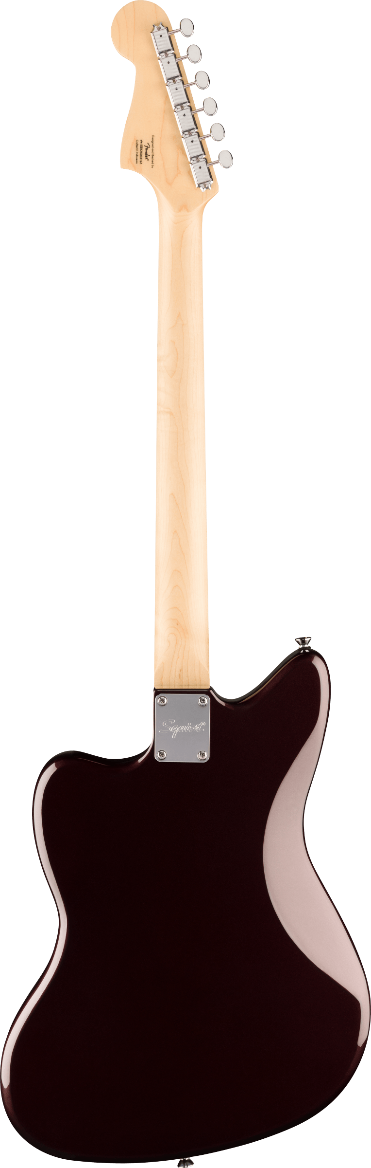 Guitare électrique vue de dos, manche en érable clair, corps bordeaux foncé brillant à la forme asymétrique, plaque métallique fixant le manche.