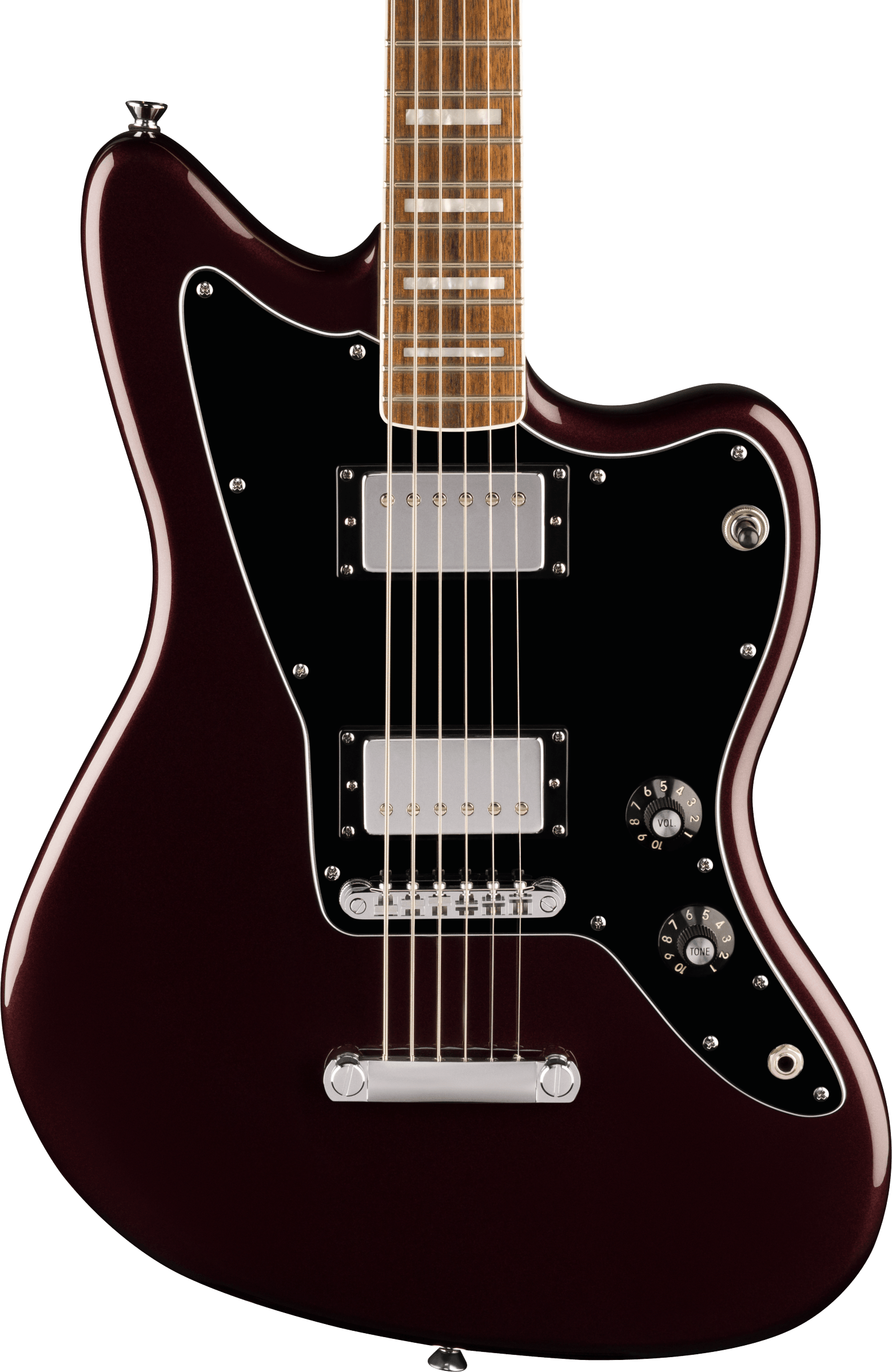 Guitare électrique bordeaux à corps asymétrique, deux micros chromés, plaque noire, deux boutons de réglage chiffrés et sélecteur argenté.