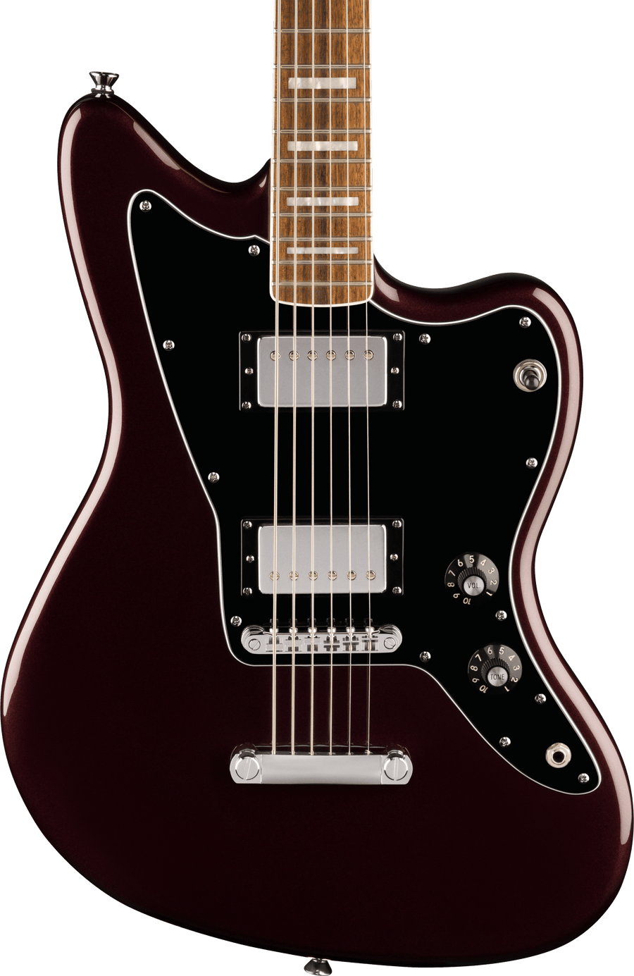 Guitare électrique bordeaux à corps asymétrique, deux micros chromés, plaque noire, deux boutons de réglage chiffrés et sélecteur argenté.