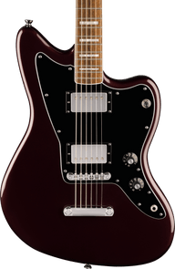 Deep red electric guitar with a black pickguard, two chrome humbucker pickups, volume and tone knobs, and a rosewood fretboard.