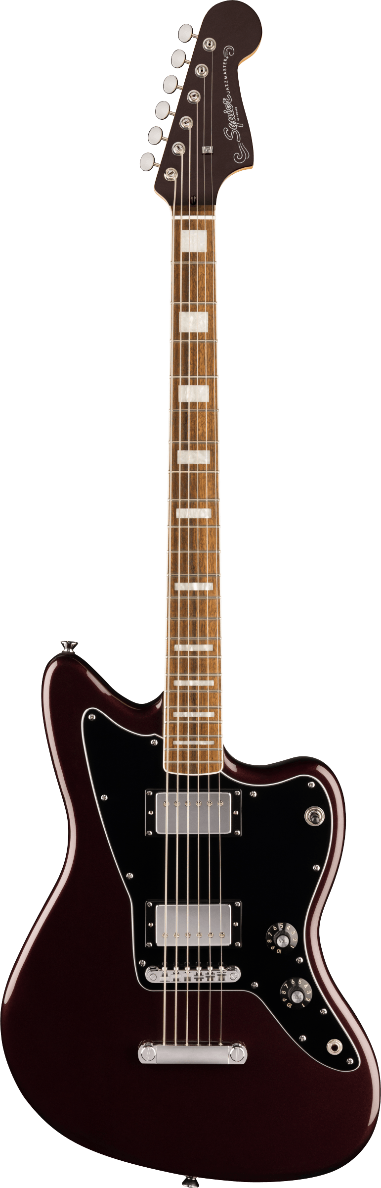 Guitare électrique de forme asymétrique, finition bordeaux, touche en bois clair, deux micros doubles chromés et deux boutons noirs de réglage.
