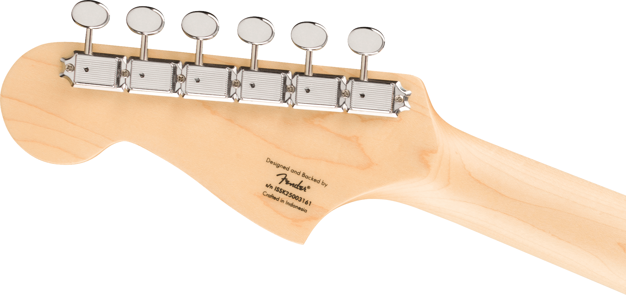Tête de guitare électrique en bois clair avec six mécaniques chromées alignées et inscription Fender sur le dos.