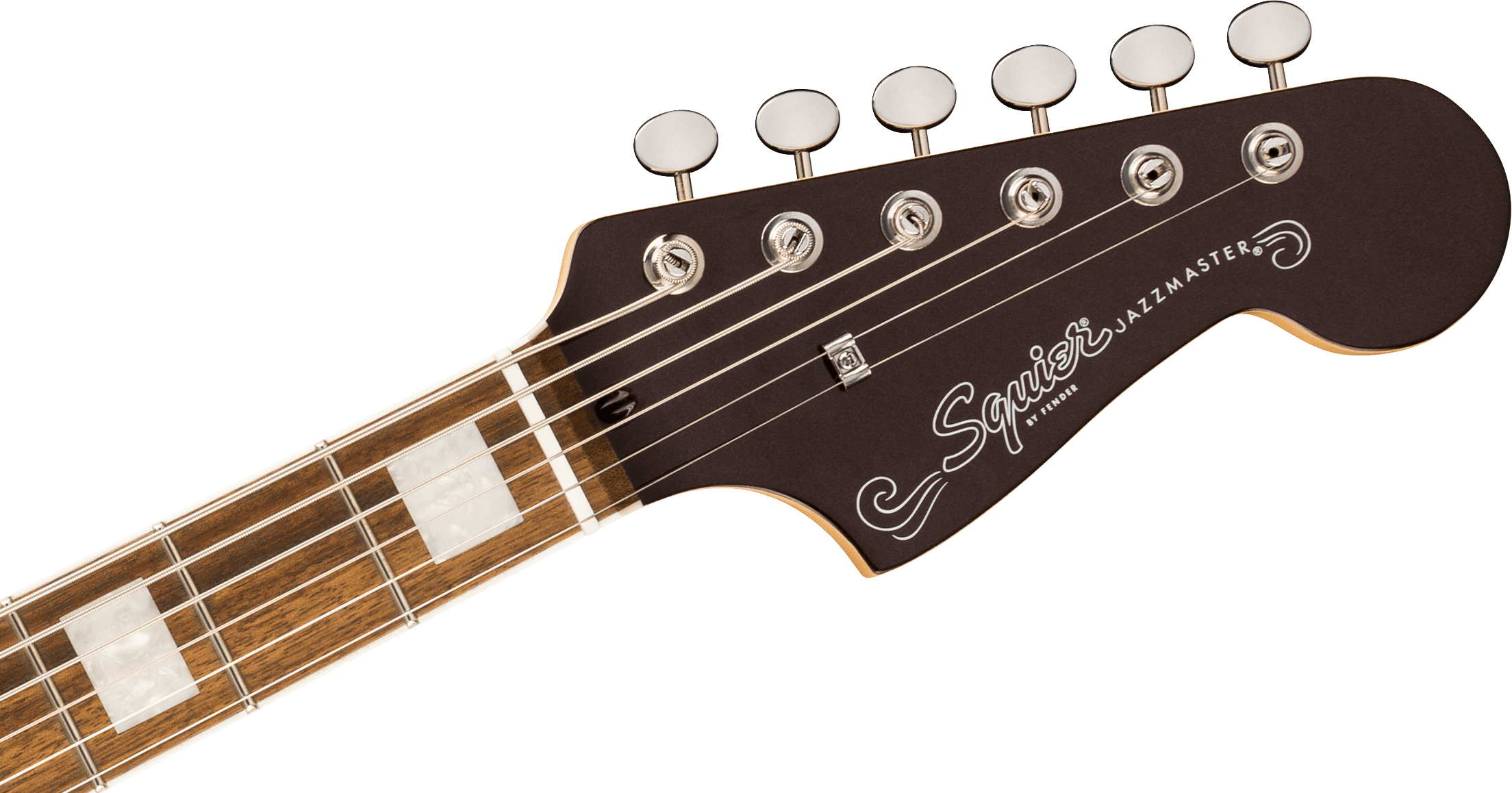 Tête d’une guitare électrique Squier Jazzmaster noire avec six mécaniques argentées et repères rectangulaires nacrés sur la touche en bois.