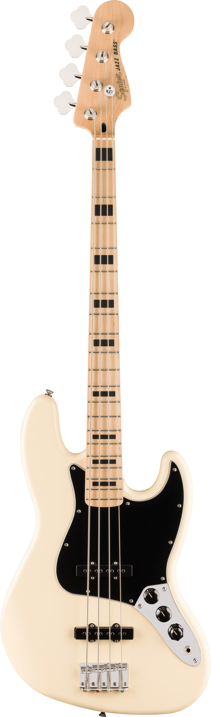 Basse électrique quatre cordes crème, touche érable avec repères rectangulaires noirs, plaque noire et boutons métalliques sur le corps.