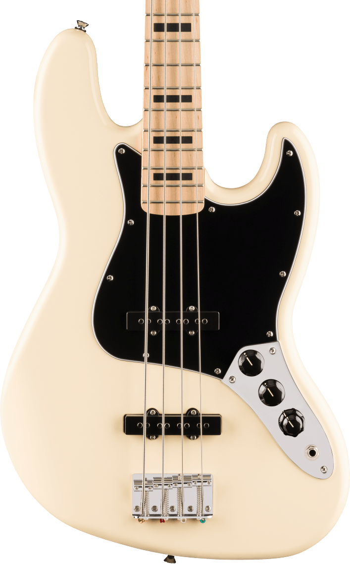 Basse électrique crème à quatre cordes, pickguard noir, trois boutons ronds métalisés, repères noirs rectangulaires sur la touche en érable.