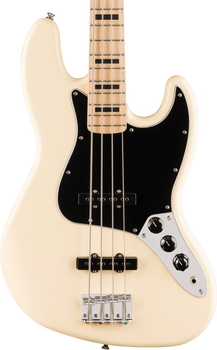 Cream-colored electric bass with four strings, black pickguard, chrome bridge and control plate, and maple neck with black rectangular inlays.