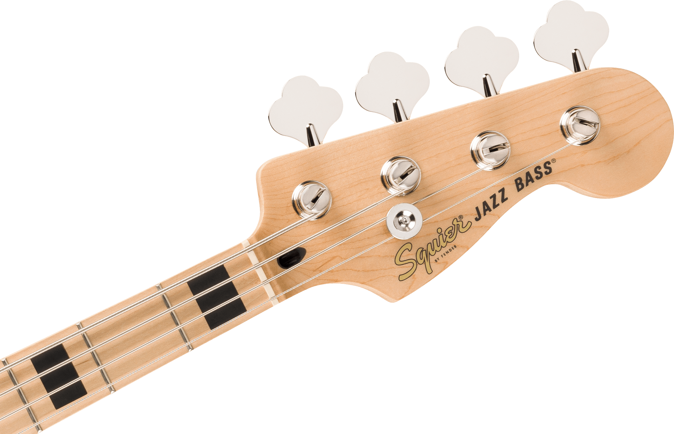 Manche de basse électrique en érable clair avec quatre mécaniques argentées et inscription « Squier Jazz Bass » sur la tête.
