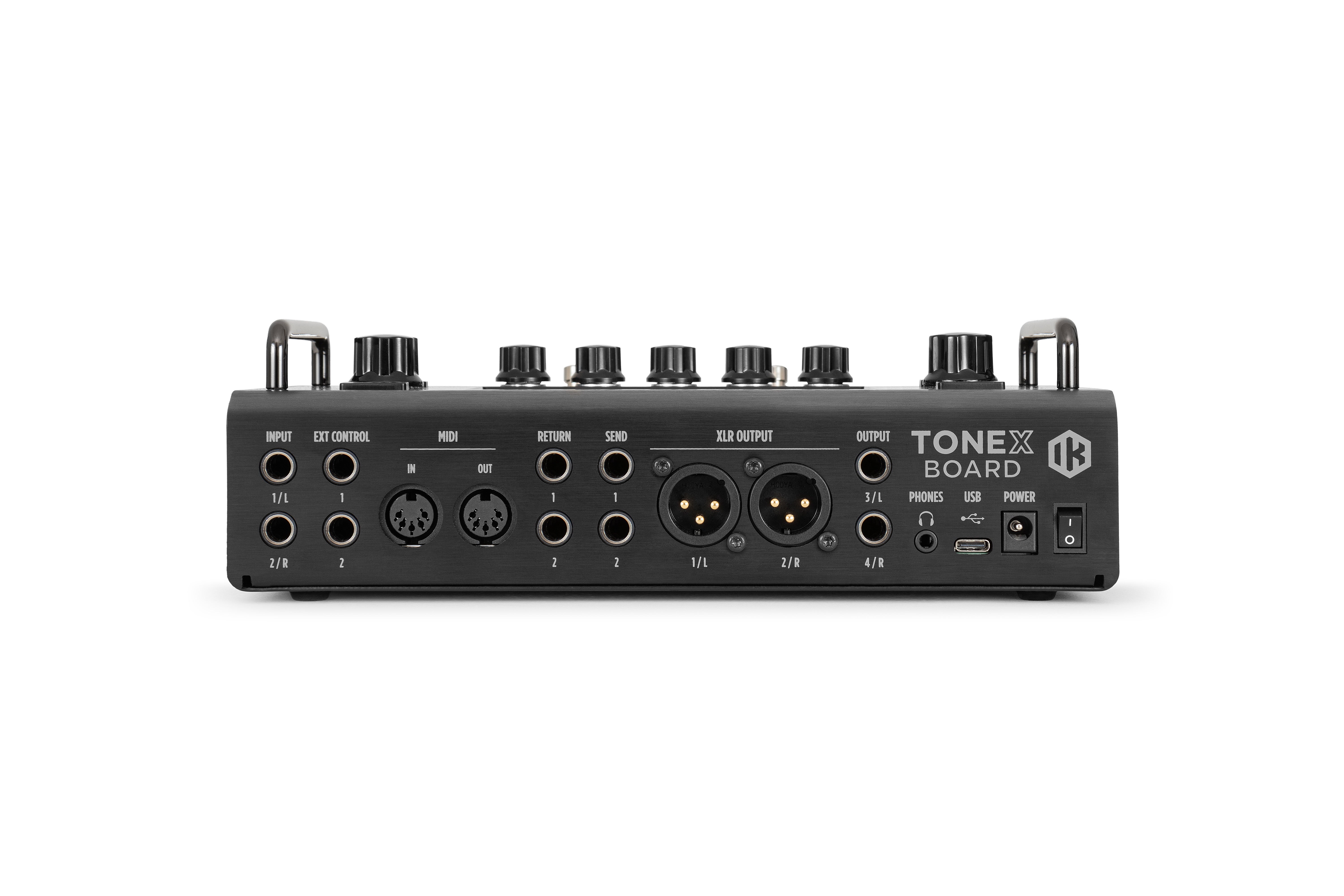 Black effects pedal with multiple input, output, MIDI, XLR, USB, and headphone jacks on the back panel, labeled TONEX BOARD.
